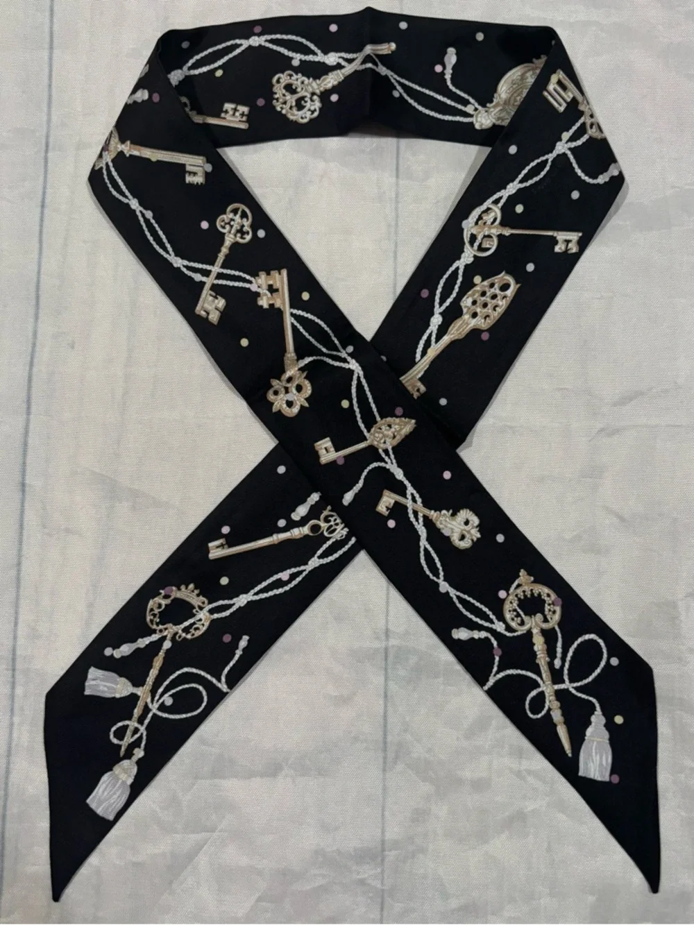 Hermes Twilly Scarf Silk Black Gold Key Print Skinny Scarf Wrap - Picture 3 of 4